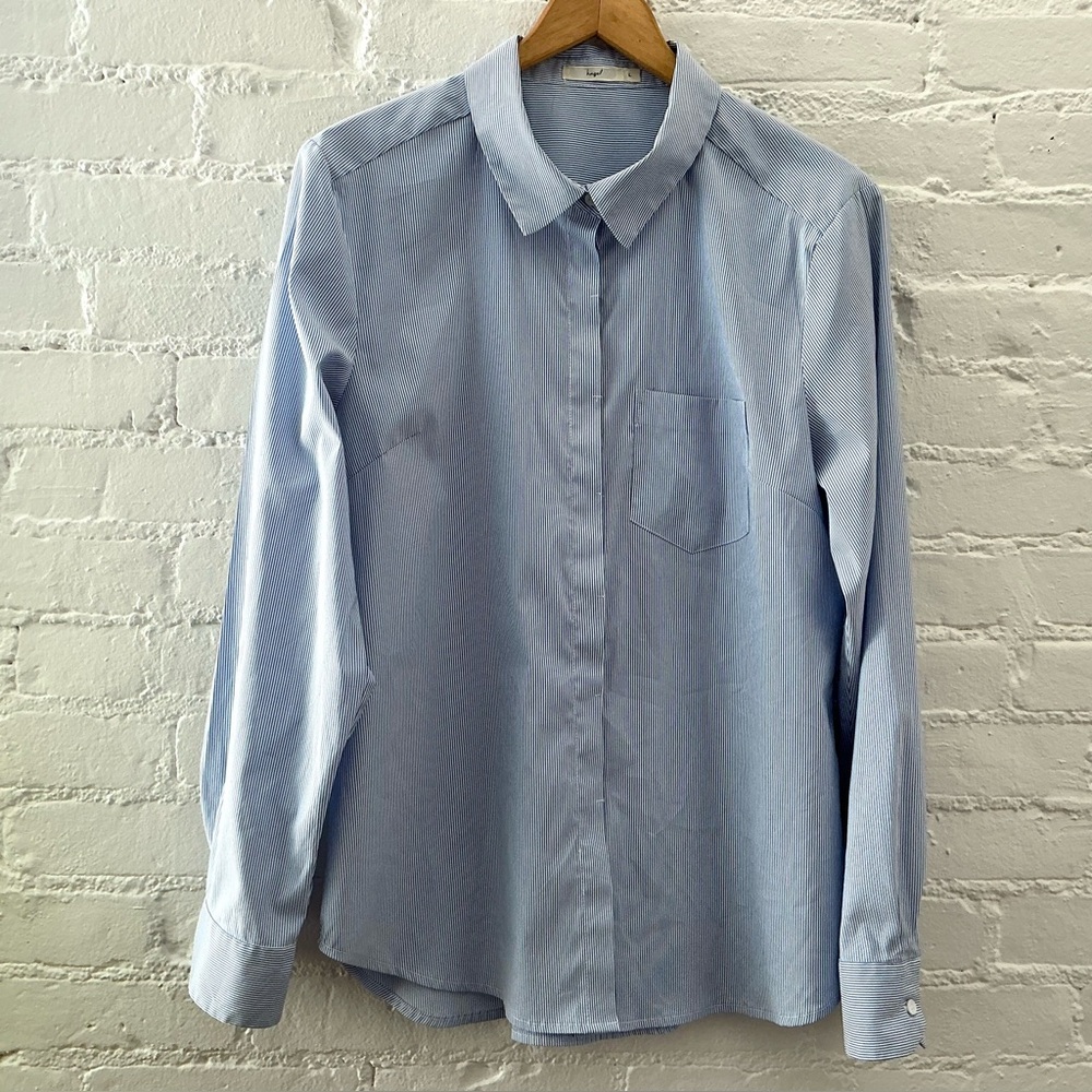 Anthropologie Womens Blue White Stripe Button Up Shirt Cotton Blend Preppy Sz L